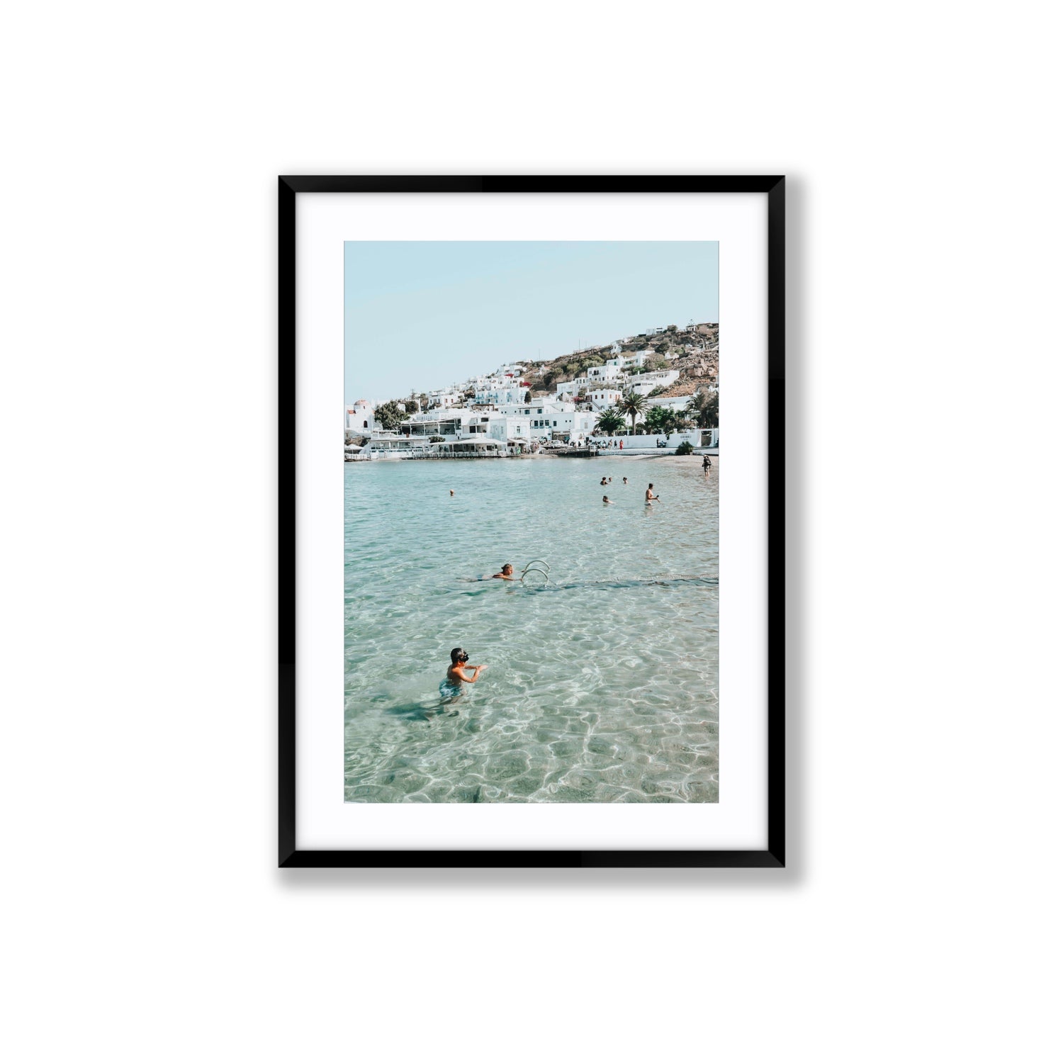 Beside The Seaside Mykonos beach Greek island wall art Large fine art print in black frame with matboard