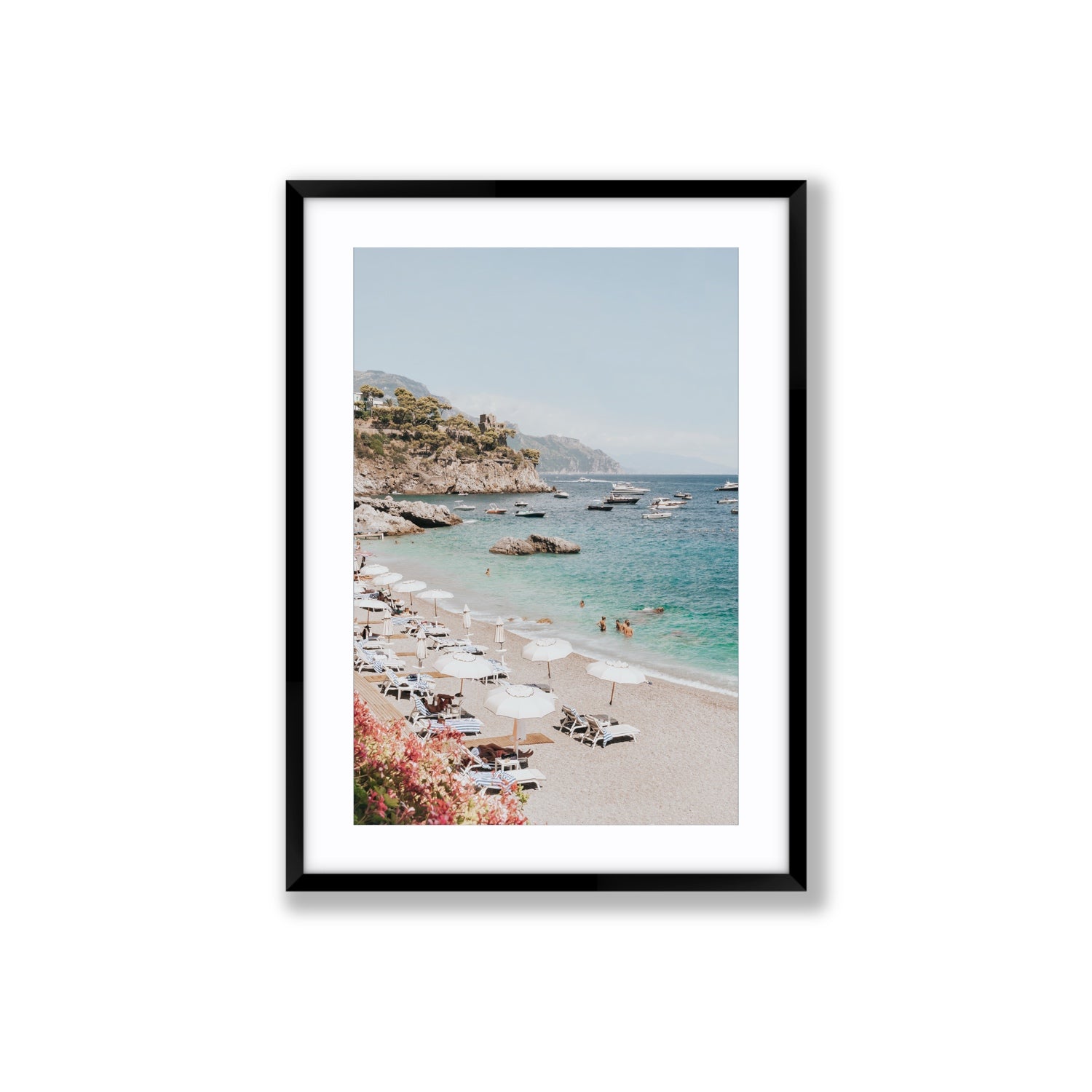 Seaview Refuge Amalfi coastal wall art large fine art print in black frame with matboard