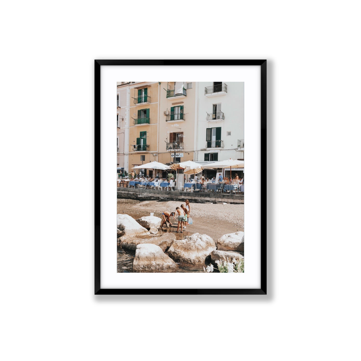 Sunny Playtime Sorrento coastal wall art Large fine art print in black frame with matboard