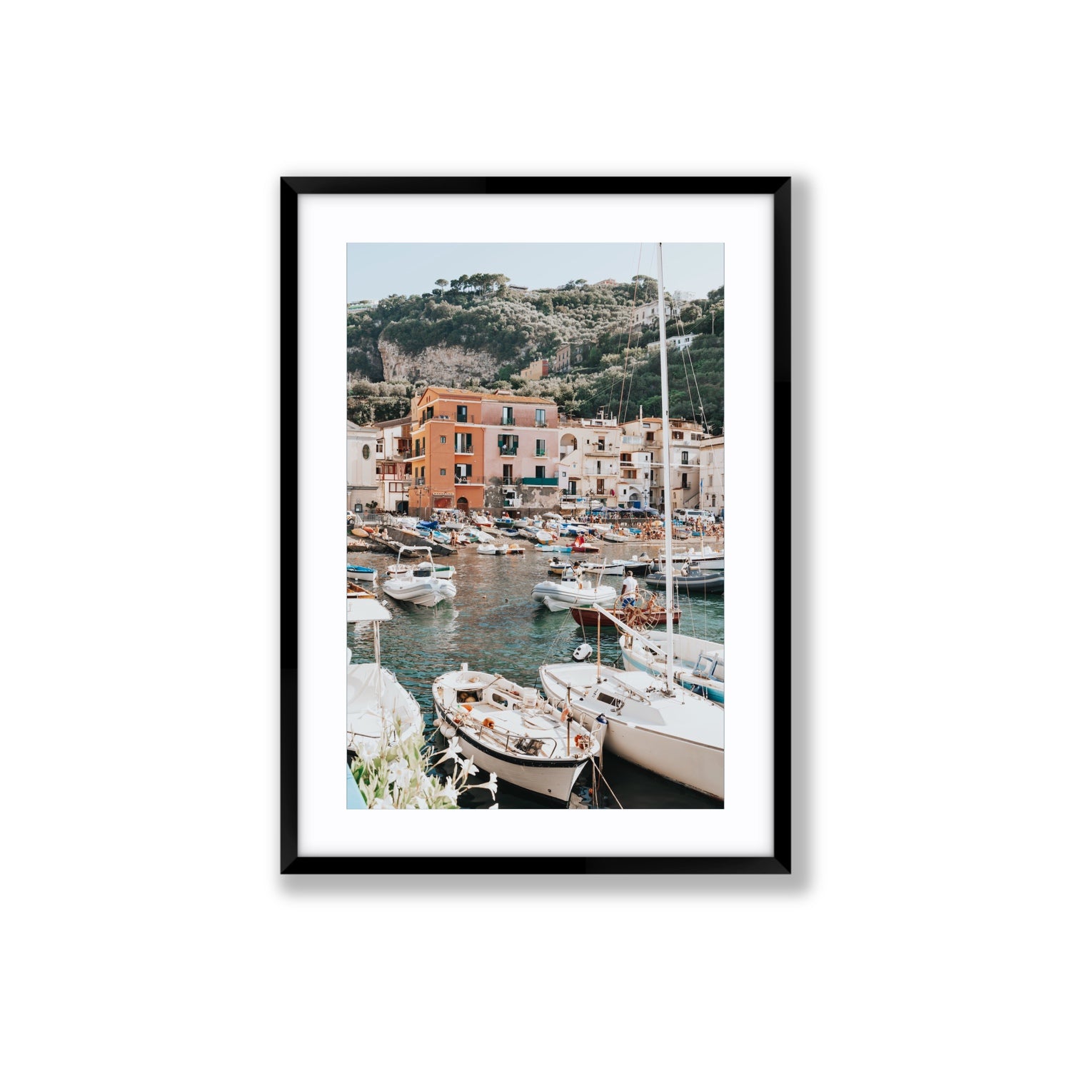 Marina Grande Sorrento coastal Italian wall art Large fine art print in black frame with matboard