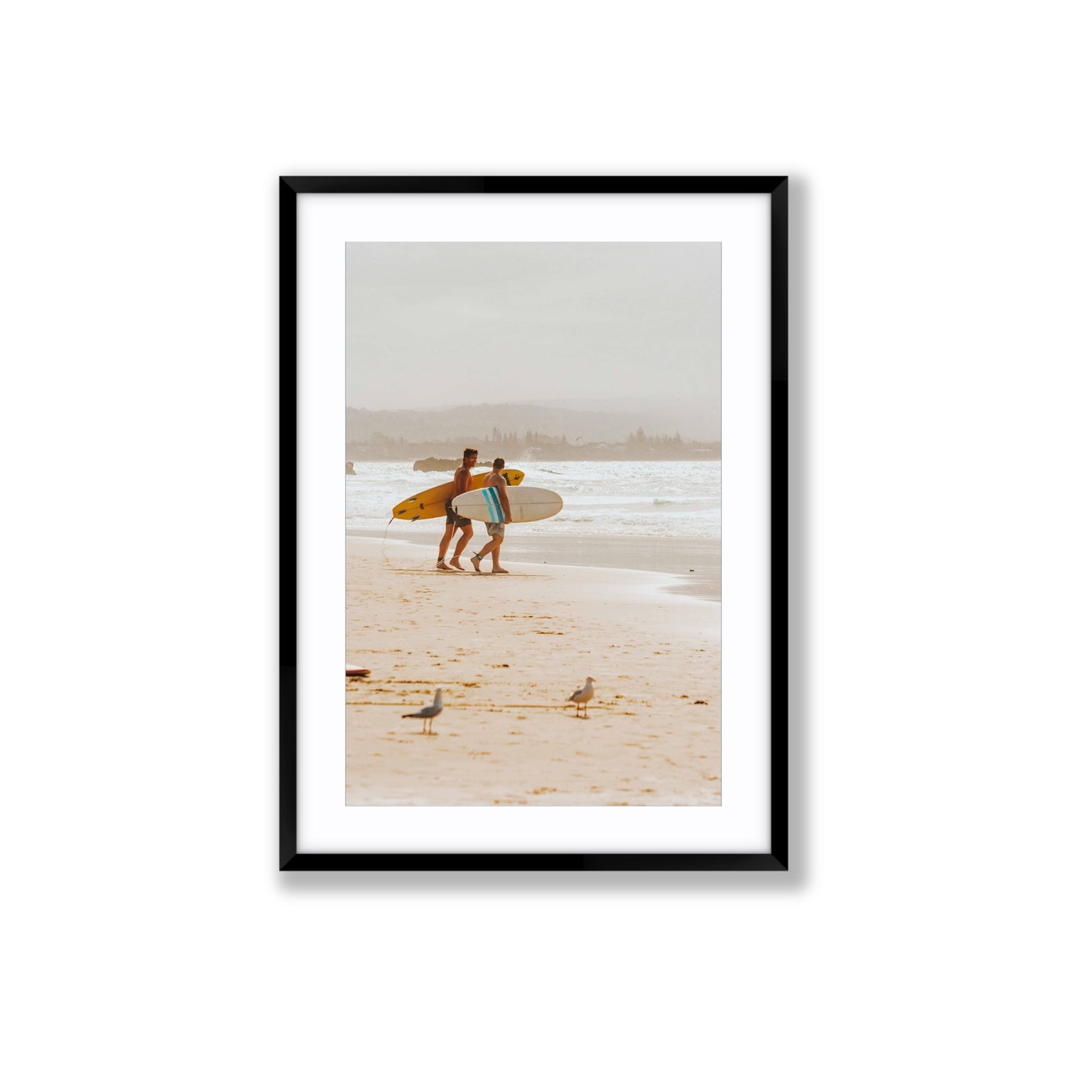 Shane & Benji Byron Bay Surf coastal wall art Large fine art print in black frame with matboard