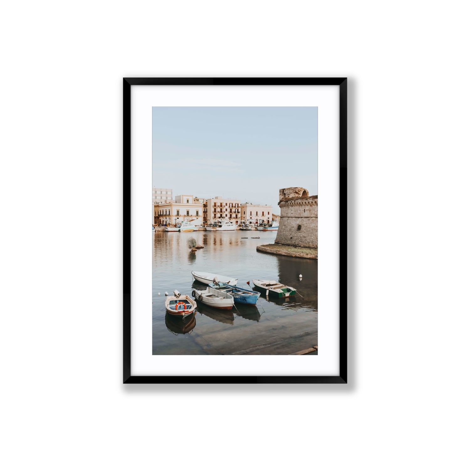 Gallipoli Harbour Puglia coastal wall art Large fine art print in black frame with matboard