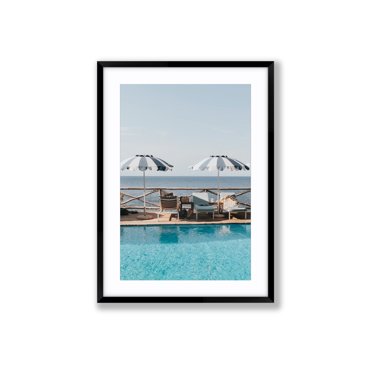 Beach Retreat fine art print, Ischia, Italy, european beach clubs artwork, Large, Black Frame · Matboard, Fine Art Print