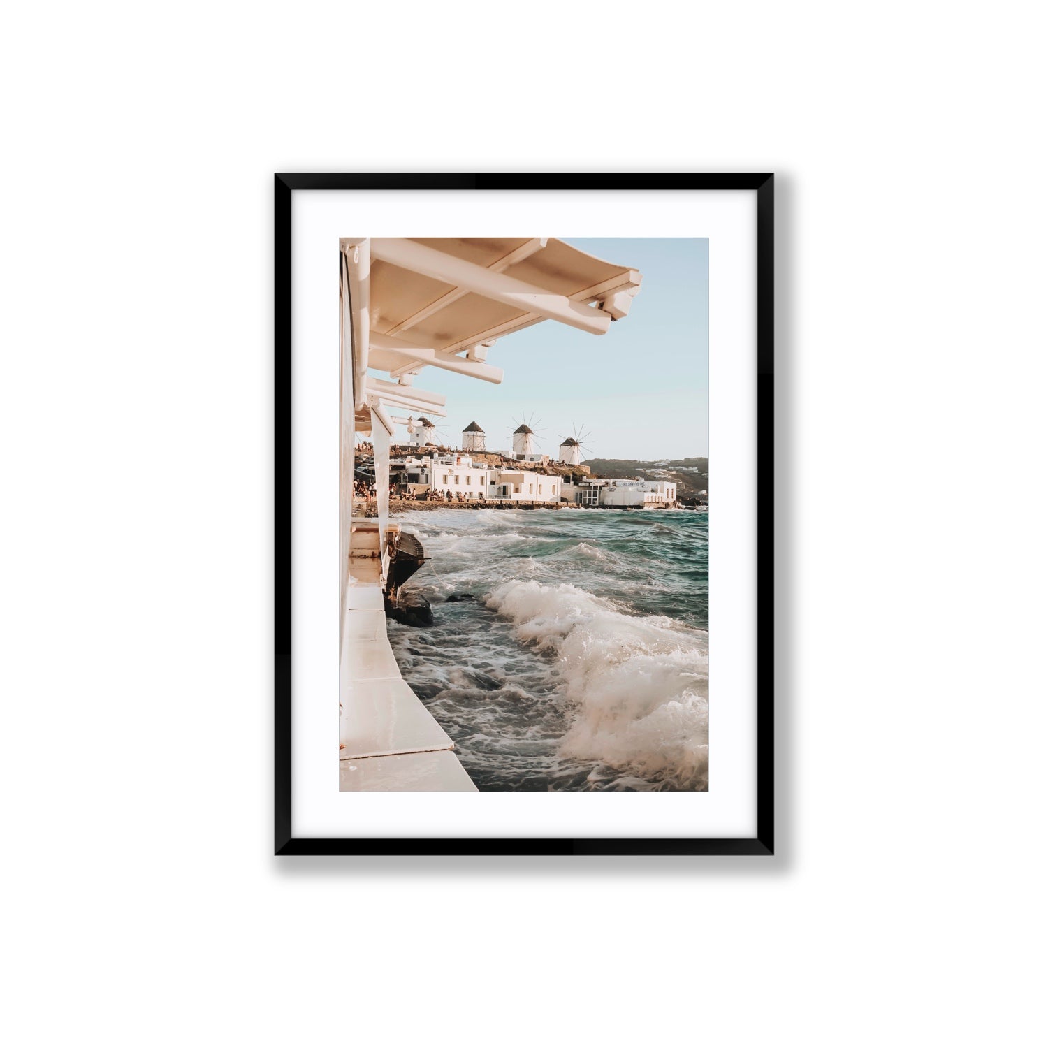 Windmills Mykonos Greek island wall art Large fine art print in black frame with matboard