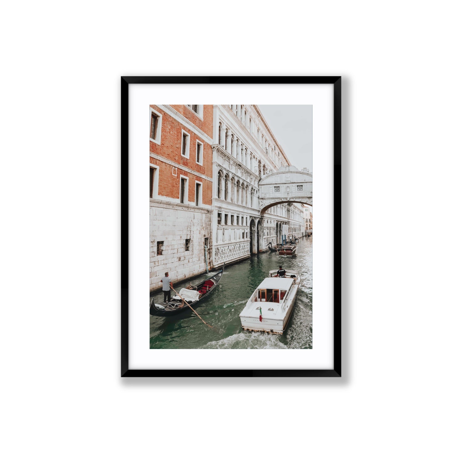 Under the Bridge Venice Gondola Italian wall art Large fine art print in black frame with matboard