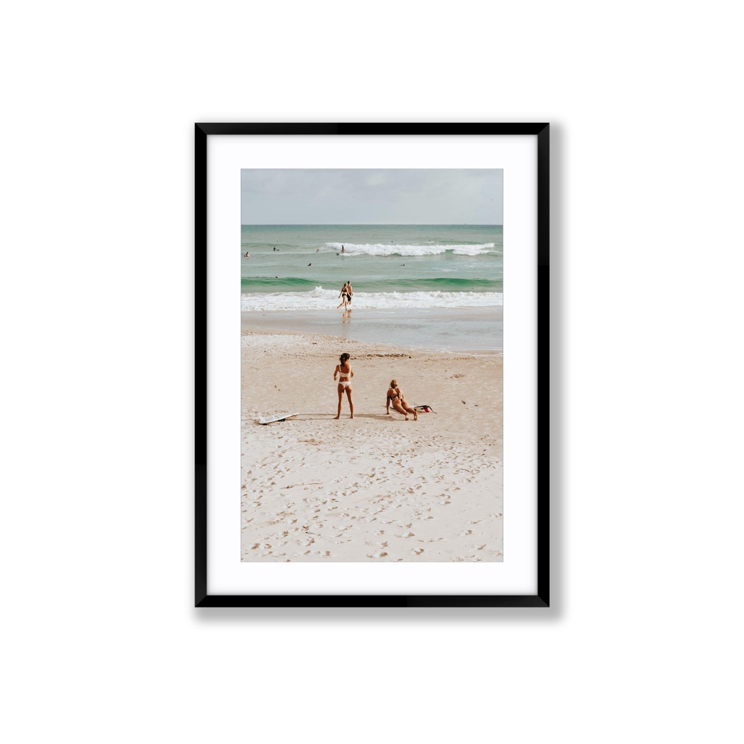 Gidget & Betty Byron Bay beach coastal wall art Large fine art print in black frame with matboard