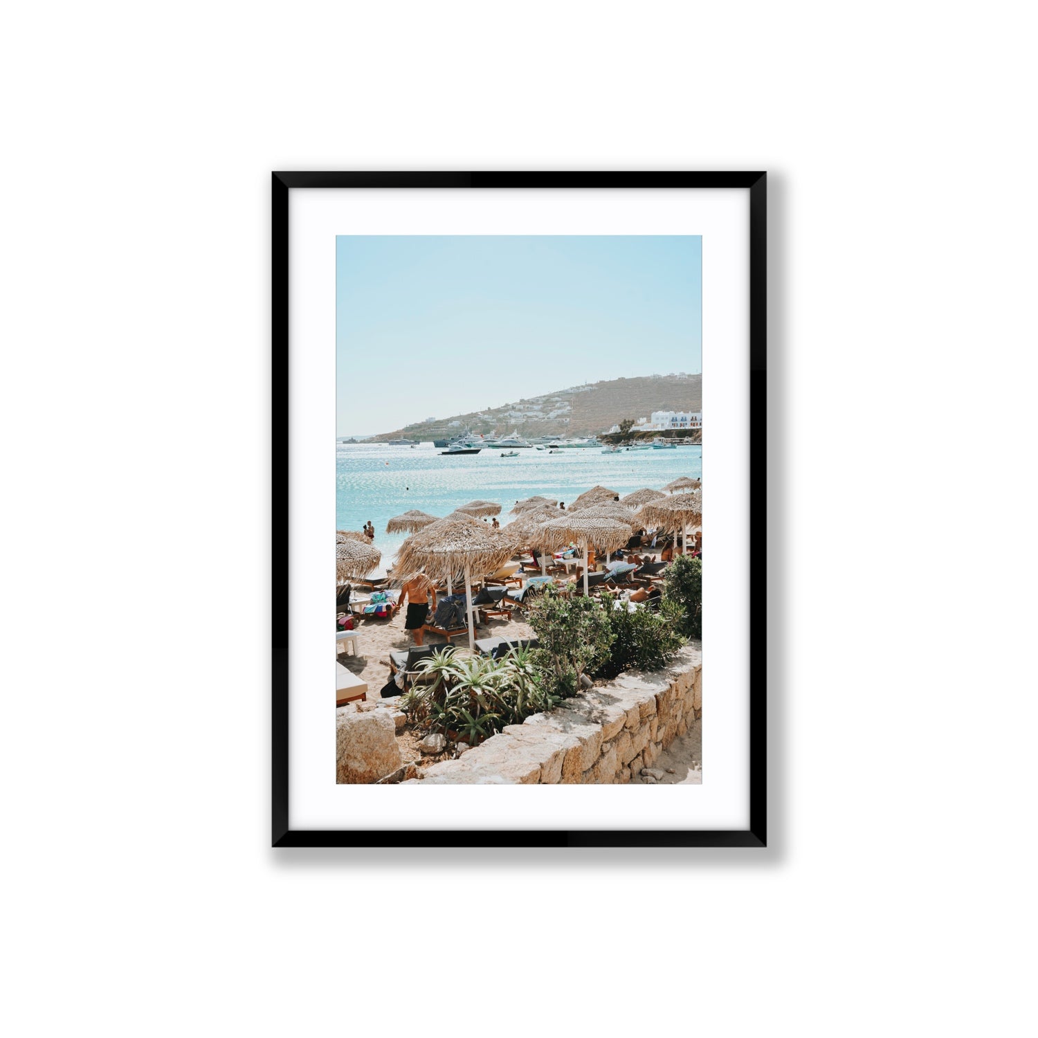 Beachside Huts Mykonos Greek island wall art Large fine art print in black frame with matboard
