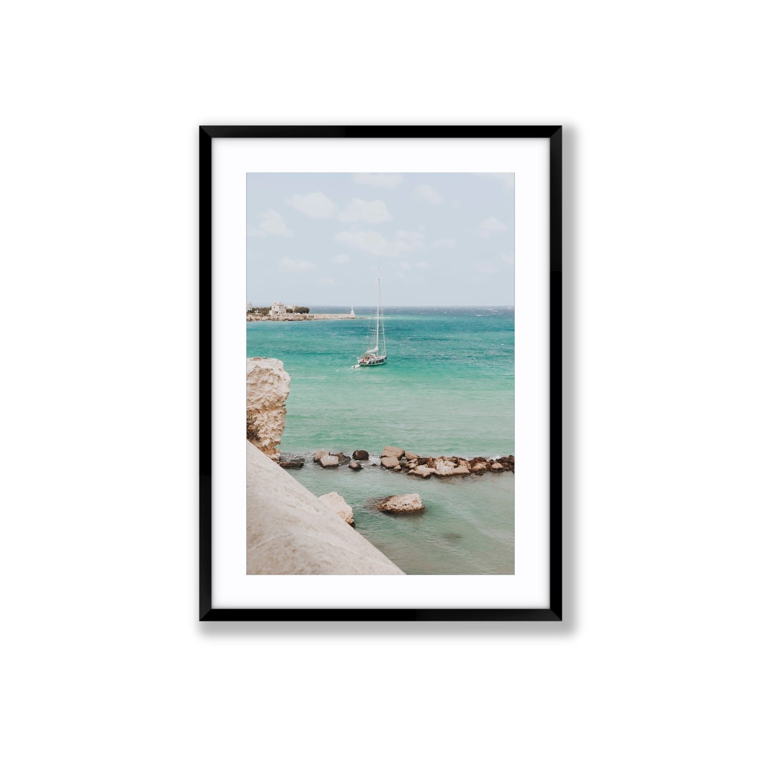 Seafarer's Dream Puglia Seafarer’s Dream coastal wall art Large fine art print in black frame with matboard