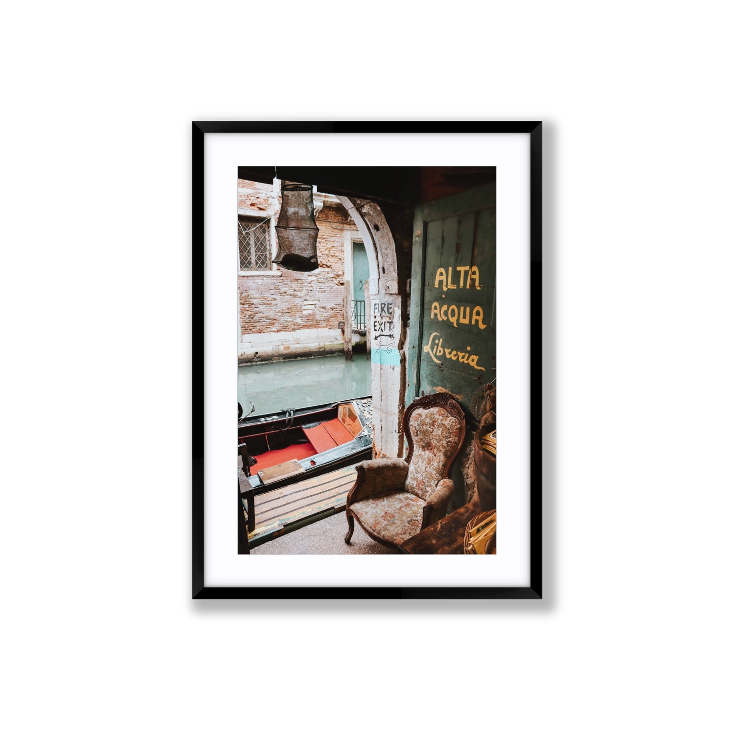 Alta Acqua Venice Bookstore wall art Large fine art print in black frame with matboard