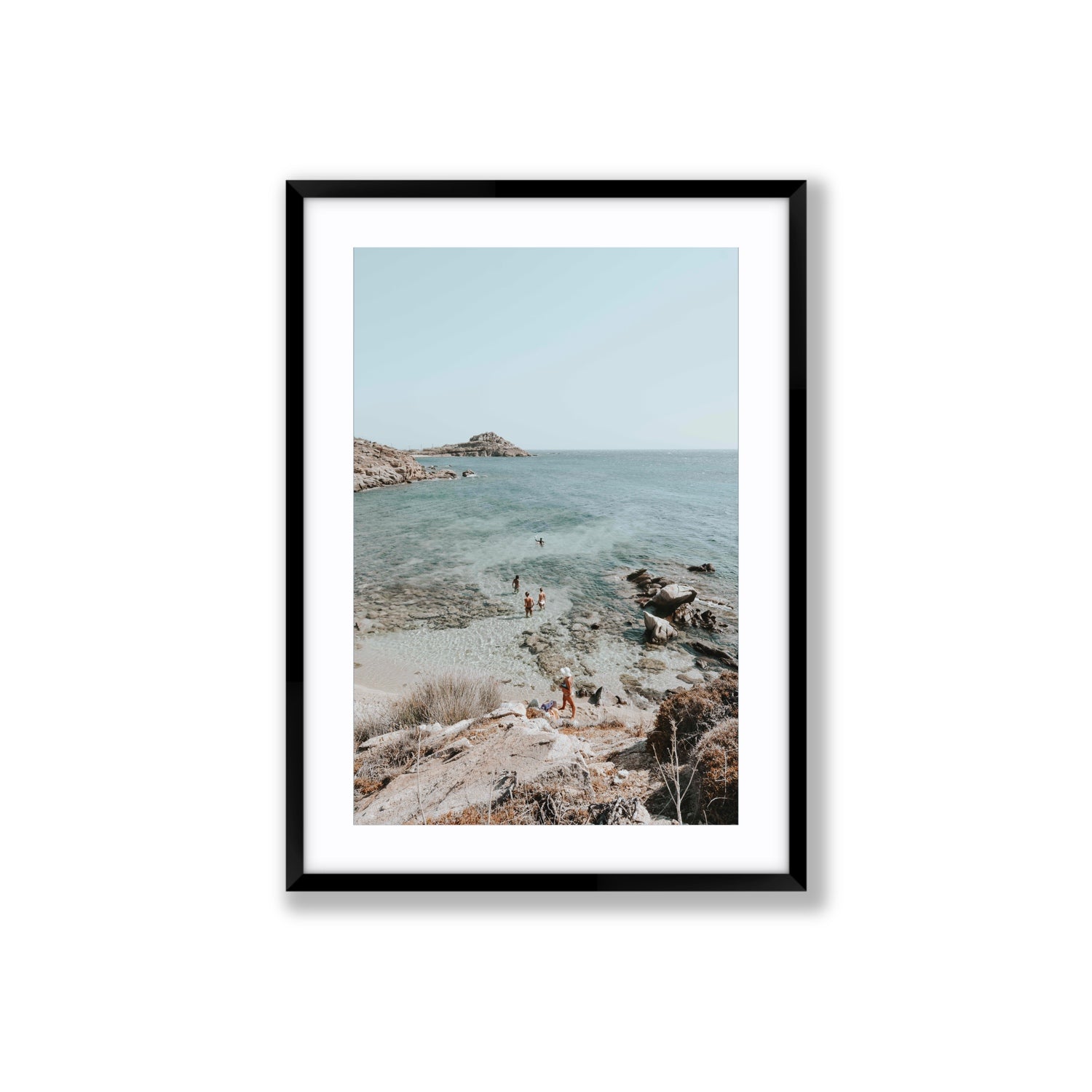 Explorers Mykonos Greek island wall art Large fine art print in black frame with matboard