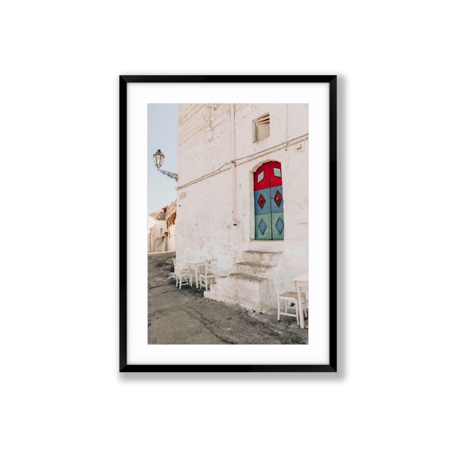 Doorway Delight Puglia Ostuni wall art Large fine art print in black frame with matboard