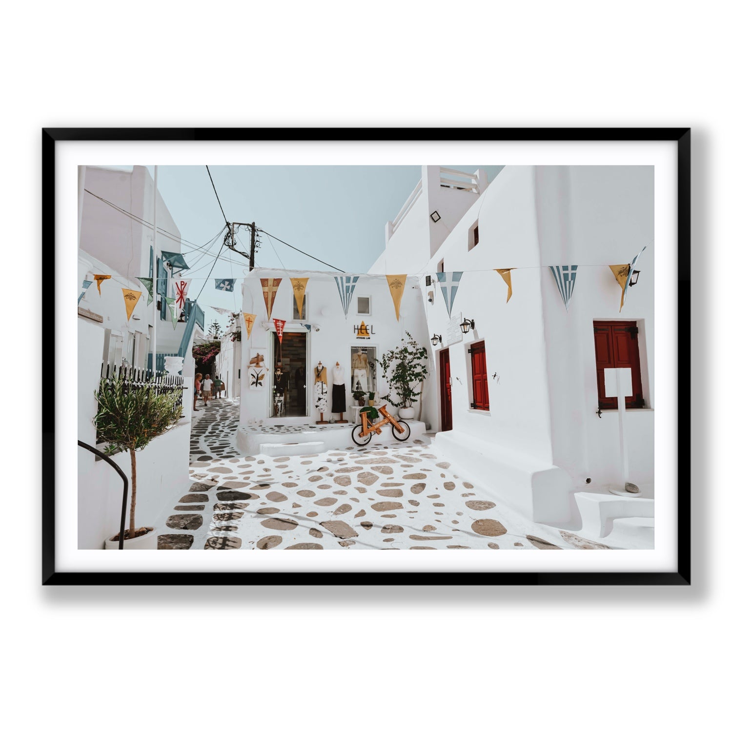 Cruising The Streets Mykonos Greek island wall art Statement fine art print in black frame with matboard