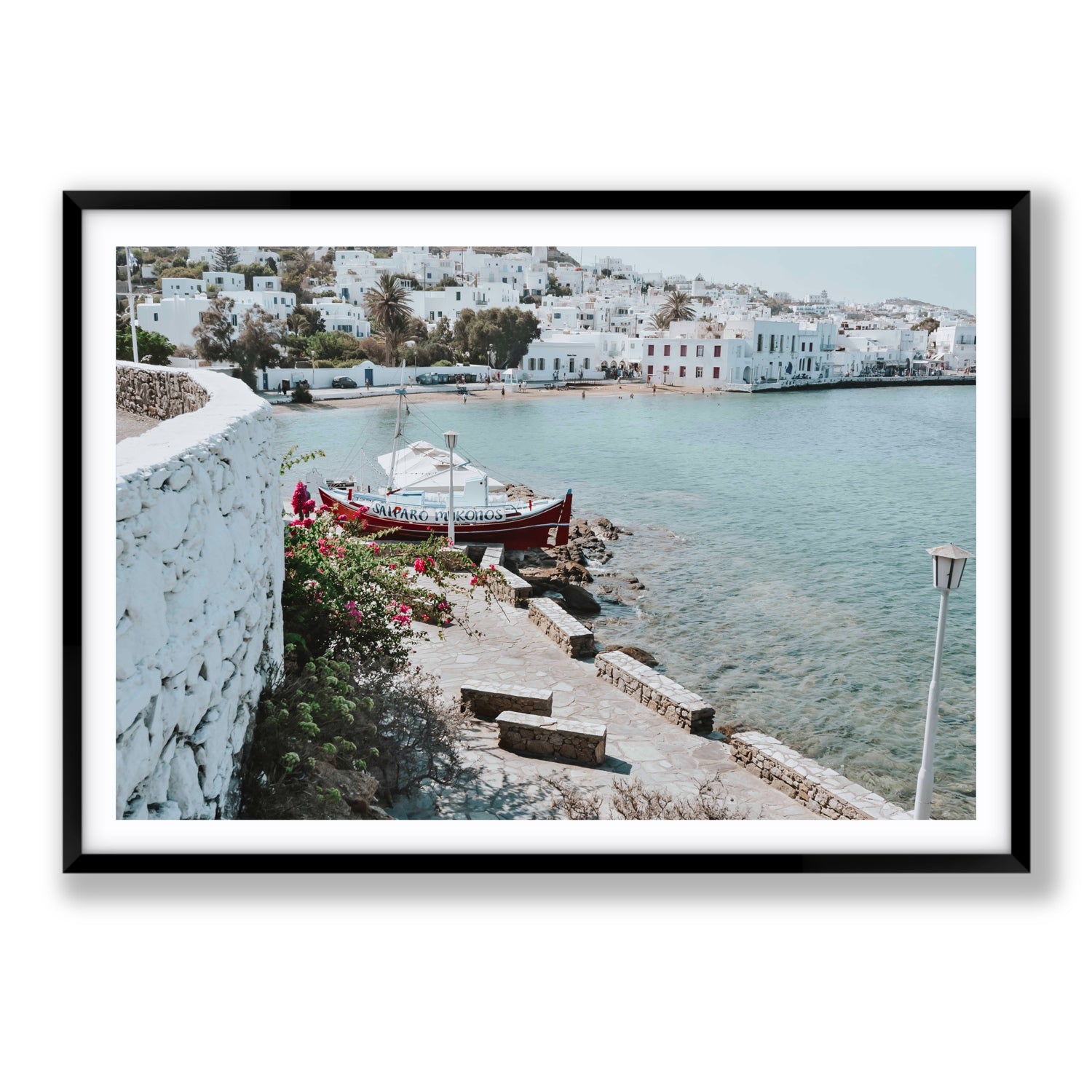 Harika Mykonos Greek island wall art Statement fine art print in black frame with matboard