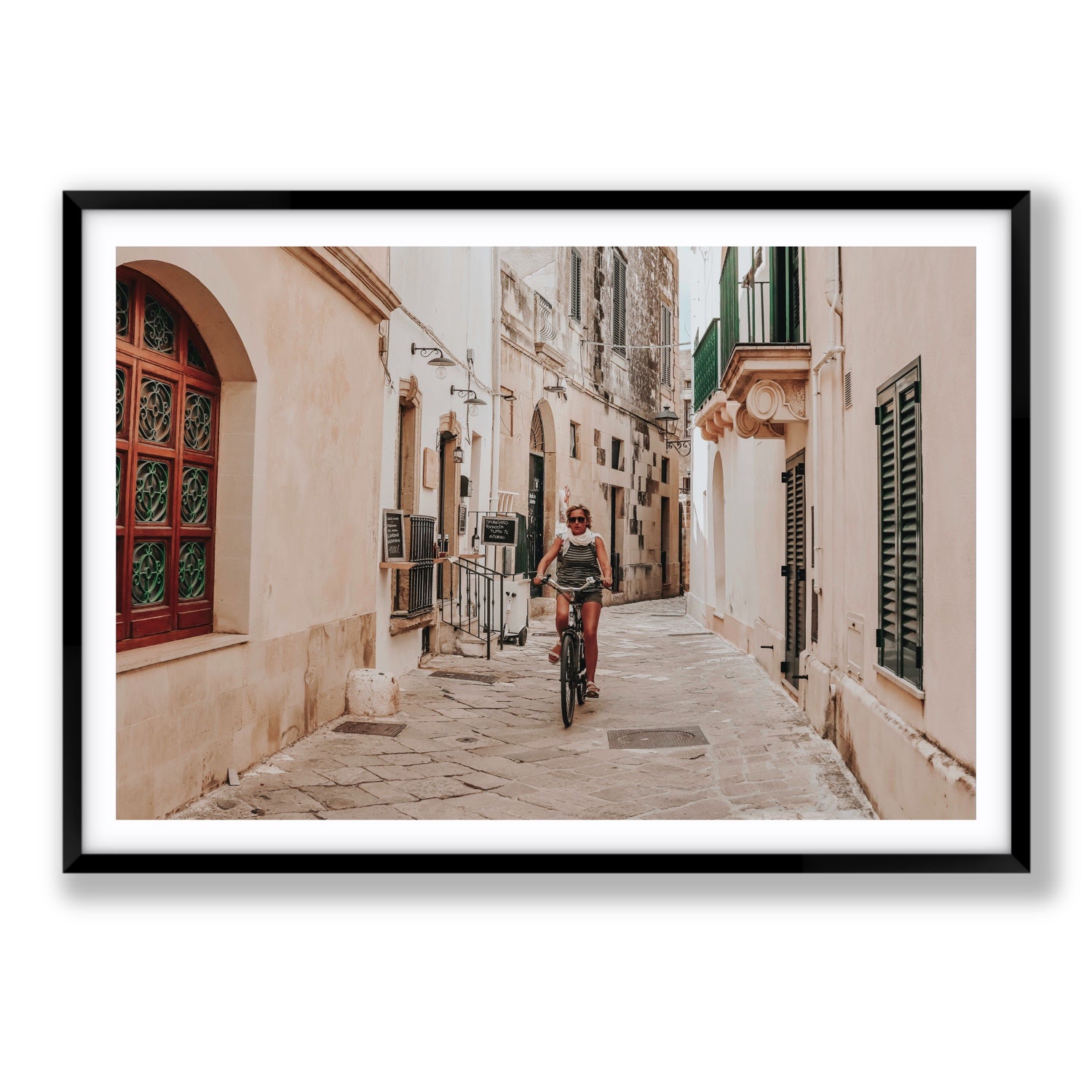 La Donna In Bicicletta Puglia Wall Italian fine art print Statement fine art print in black frame with matboard