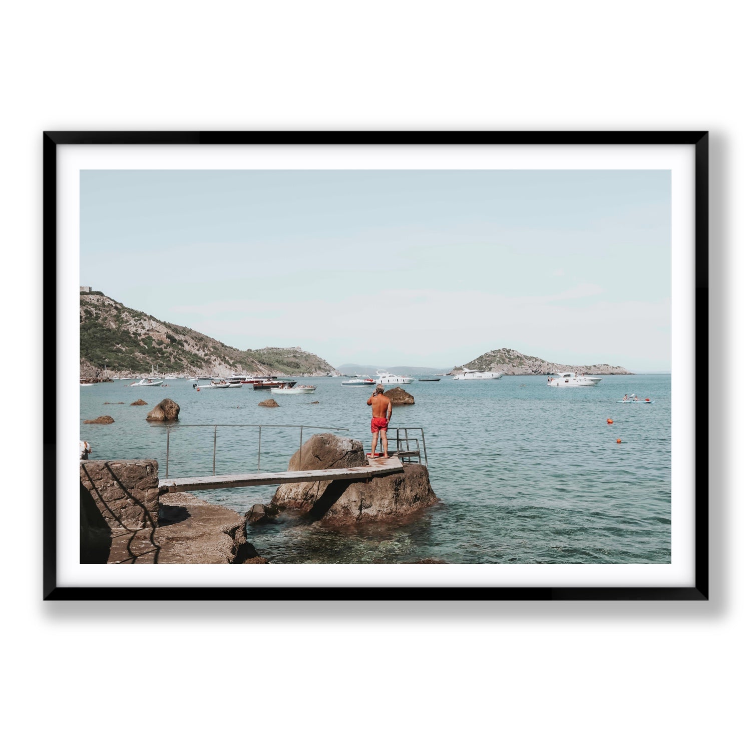 Out Of Office Tuscany coastal Italian wall art Statement fine art print in black frame with matboard