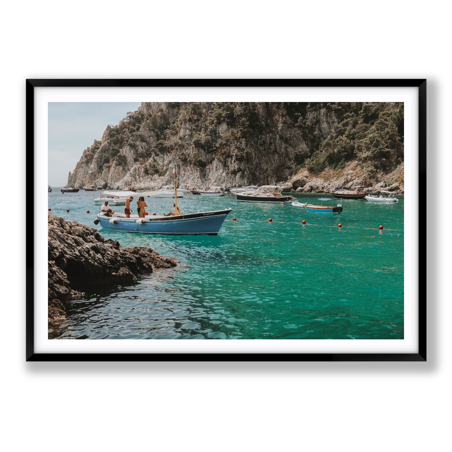 Cozy Cove Capri coastal Mediterranean wall art Statement fine art print in black frame with matboard