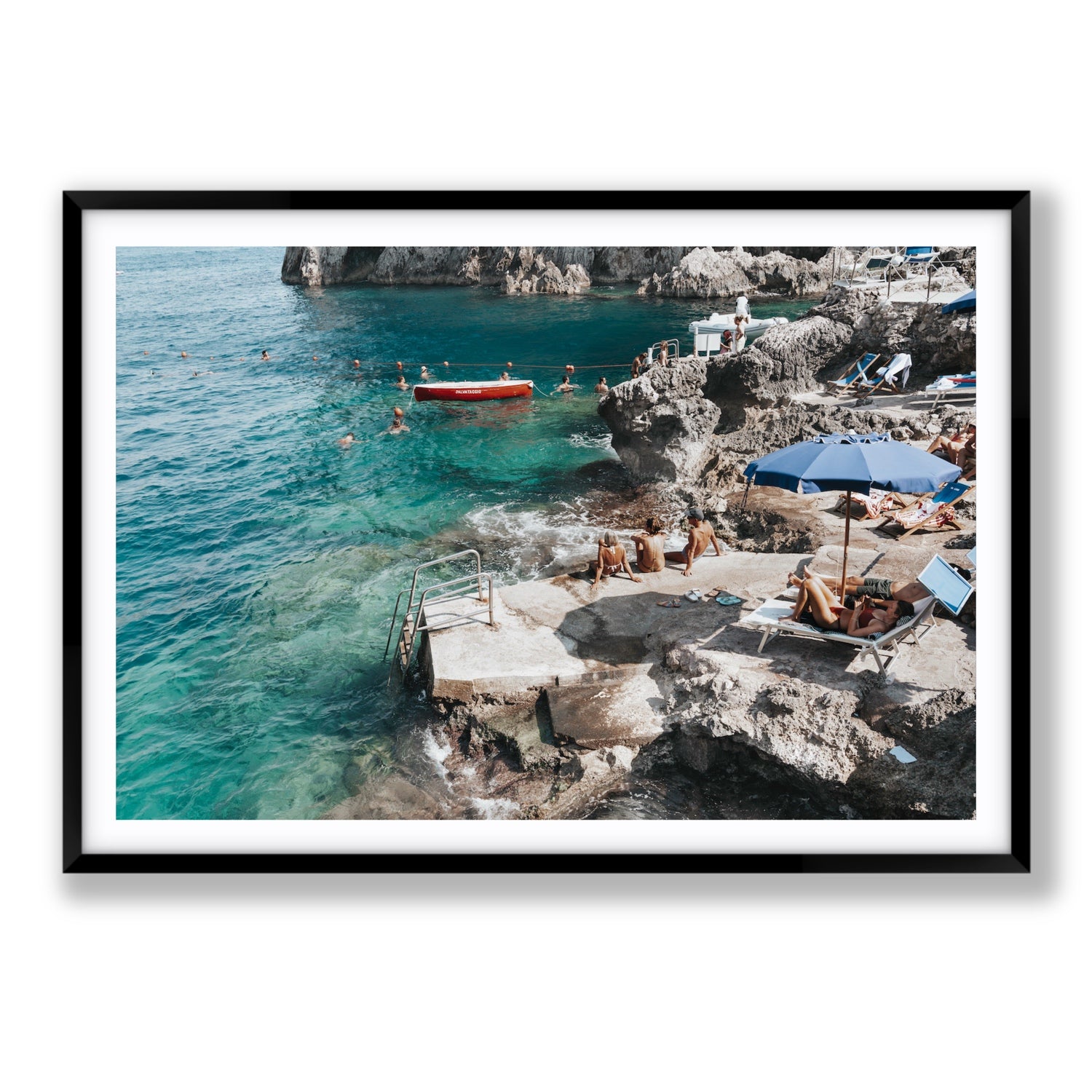 Serenity By The Sea Capri Mediterranean wall art Statement fine art print in black frame with matboard