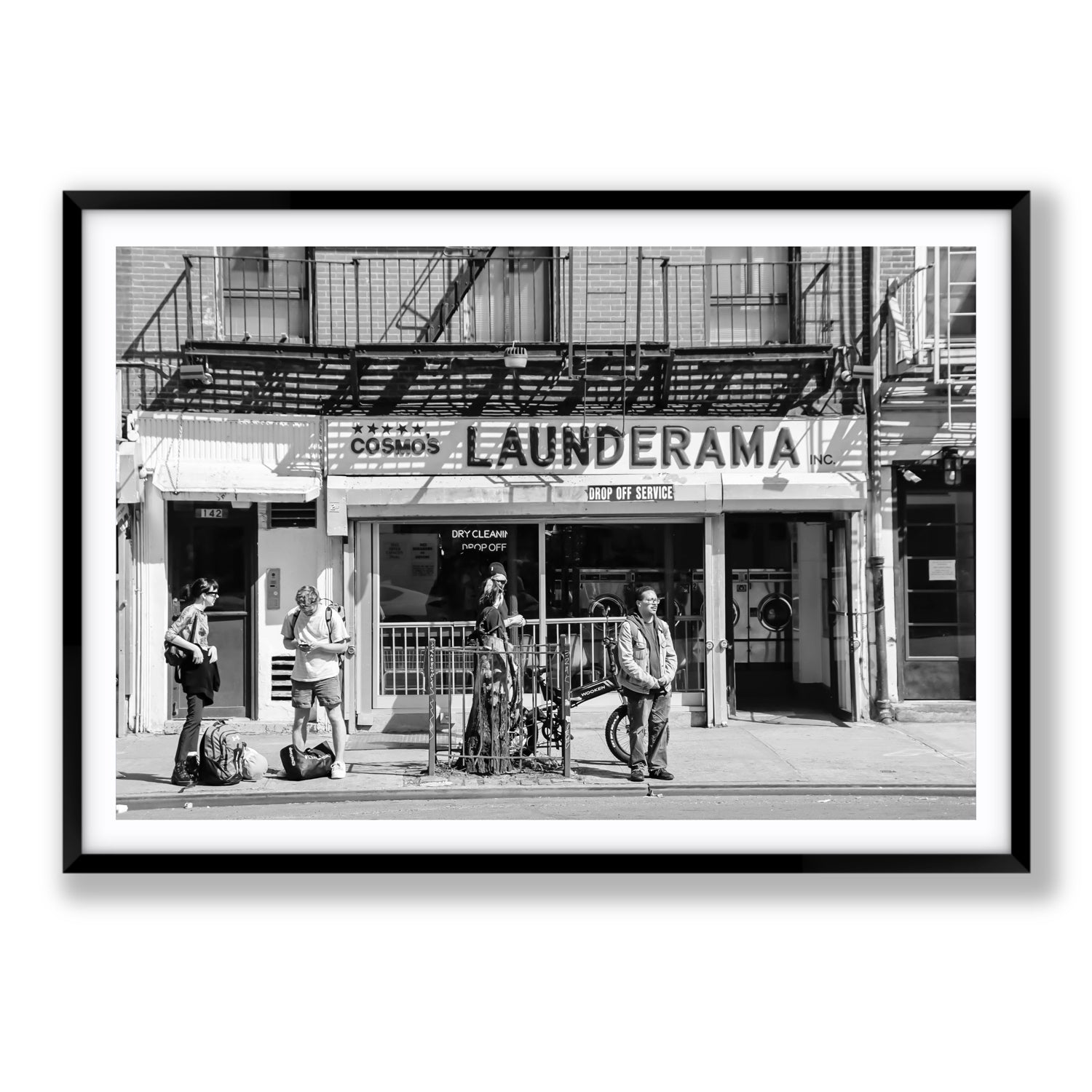 Launderama New York NYC Black & White wall art Statement fine art print in black frame with matboard
