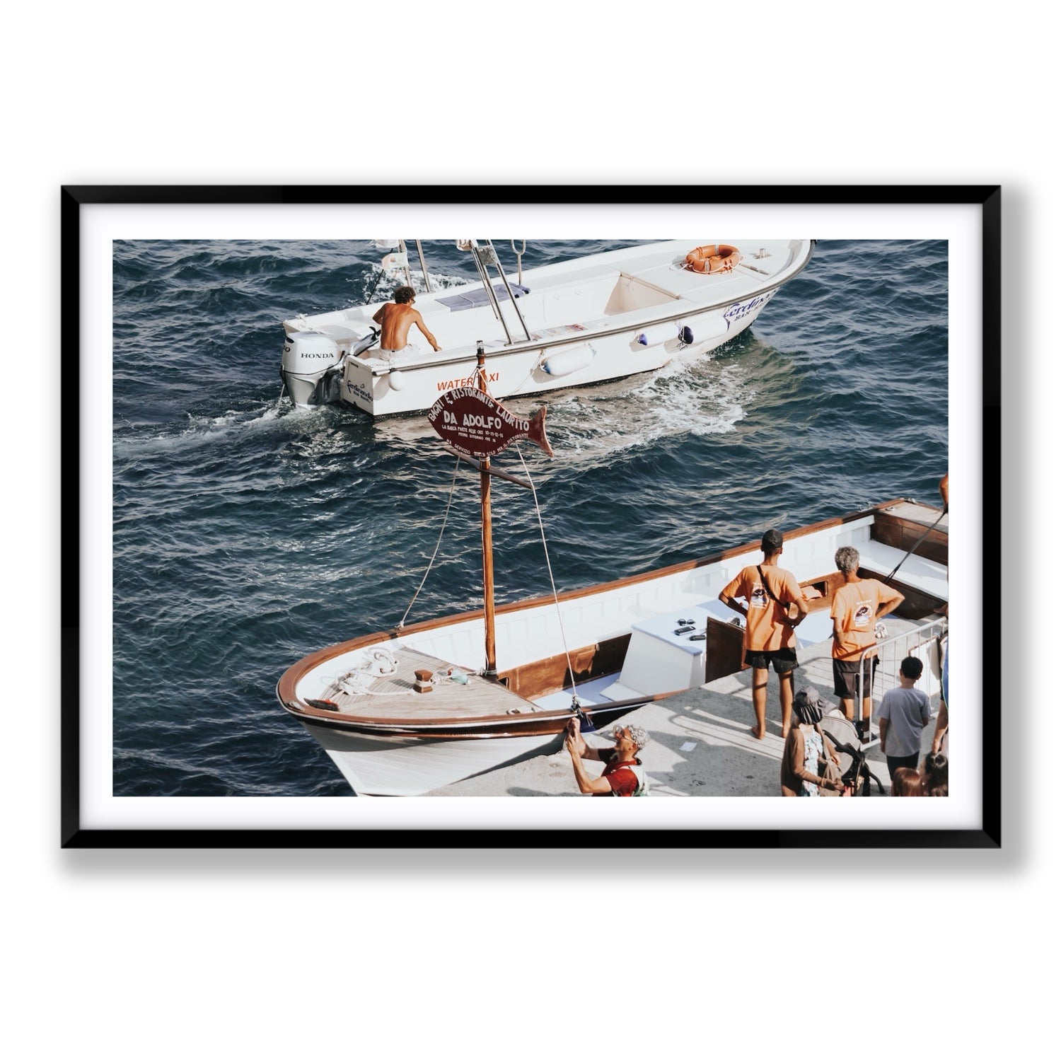 Water Taxi Positano wall art Statement fine art print in black frame with matboard