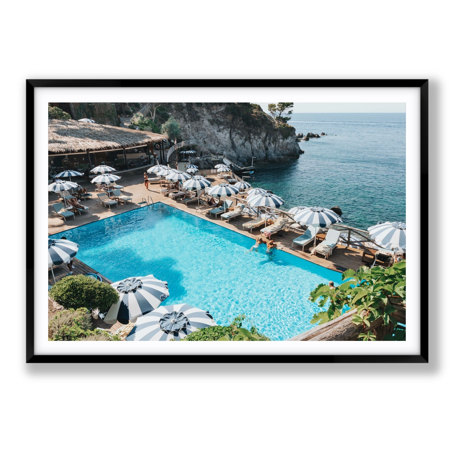 Oceanview Ischia Italian coastal wall art Statement fine art print in black frame with matboard