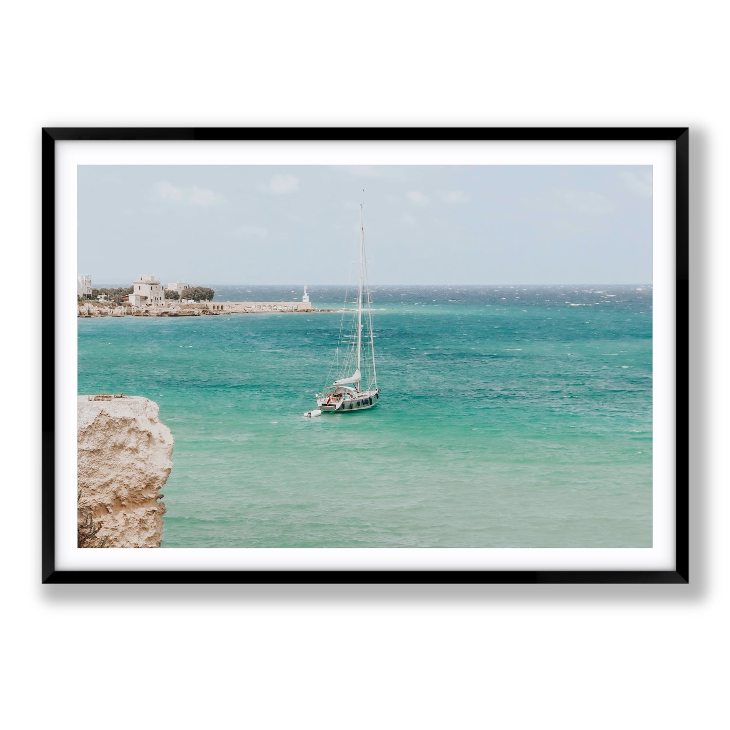 Adriatic Escape Puglia Italian coastal decor wall art Statement fine art print in black frame with matboard