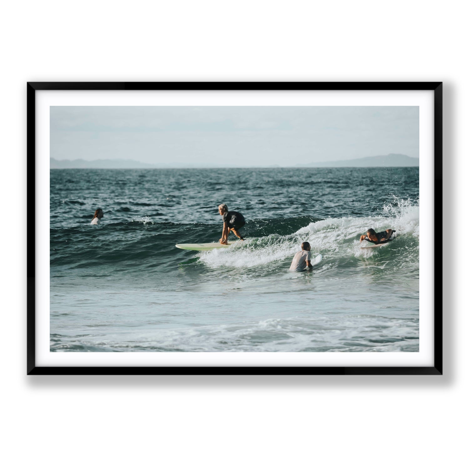 The Boys of Summer Byron Bay Surf coastal wall art Statement fine art print in black frame with matboard
