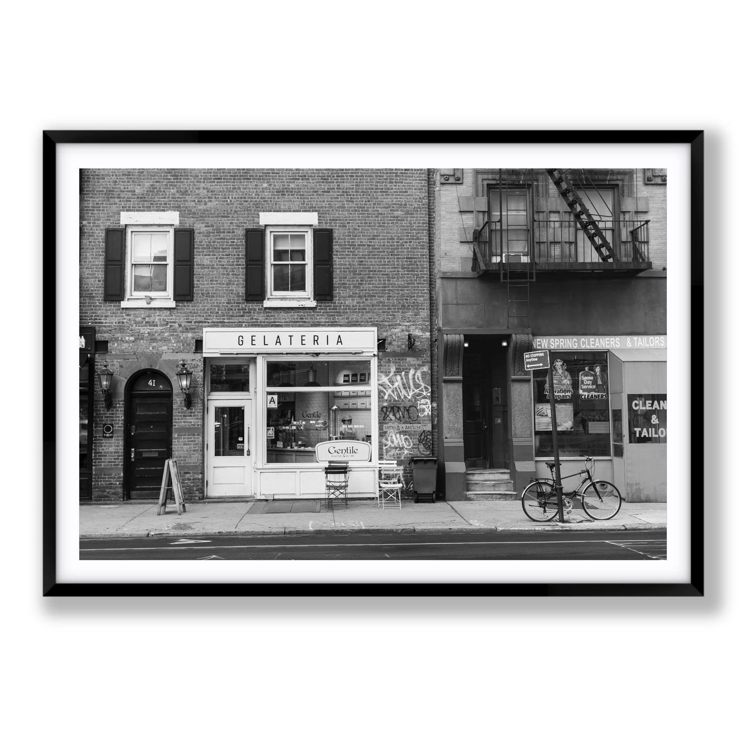 West Village Dolcezza New York NYC Black & White wall art Statement fine art print in black frame with matboard