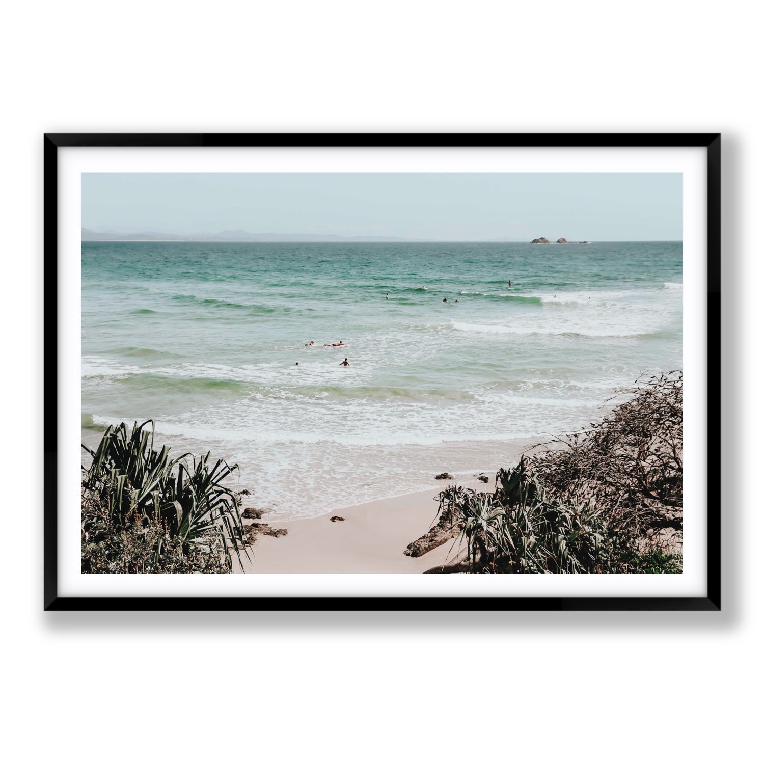 Surf City Byron Bay Surf coastal wall art Statement fine art print in black frame with matboard