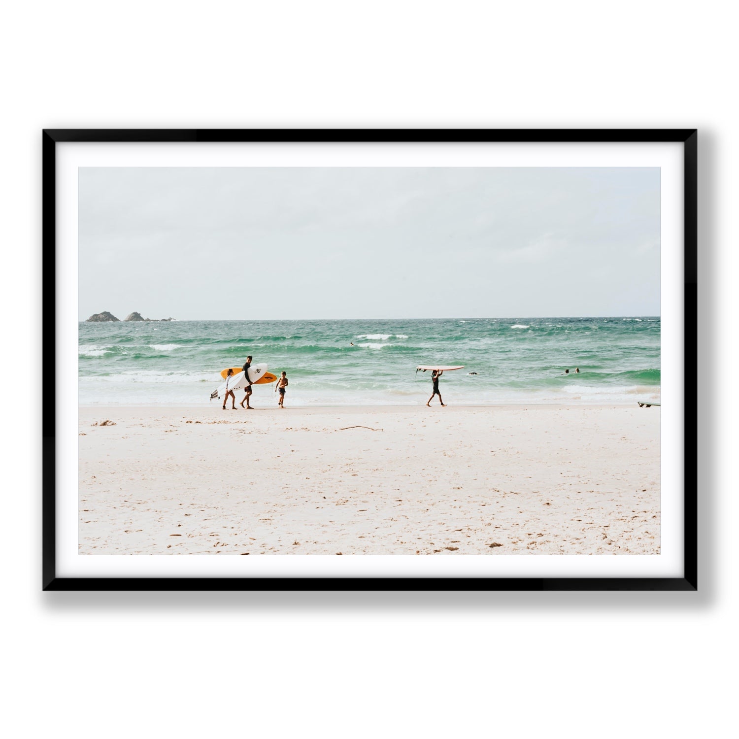 La Famiglia Byron Bay Family Surf coastal wall art Statement fine art print in black frame with matboard