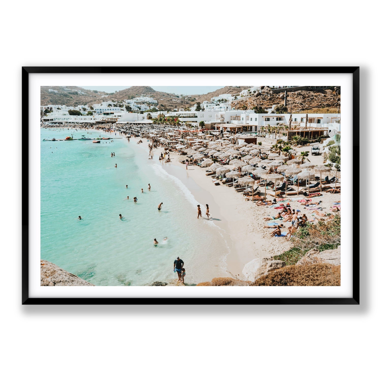 Aquaholic Mykonos Greek island wall art Statement fine art print in black frame with matboard