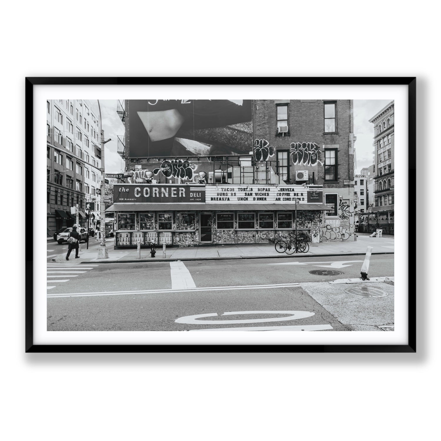 Kenmare Street New York NYC Black & White wall art Statement fine art print in black frame with matboard