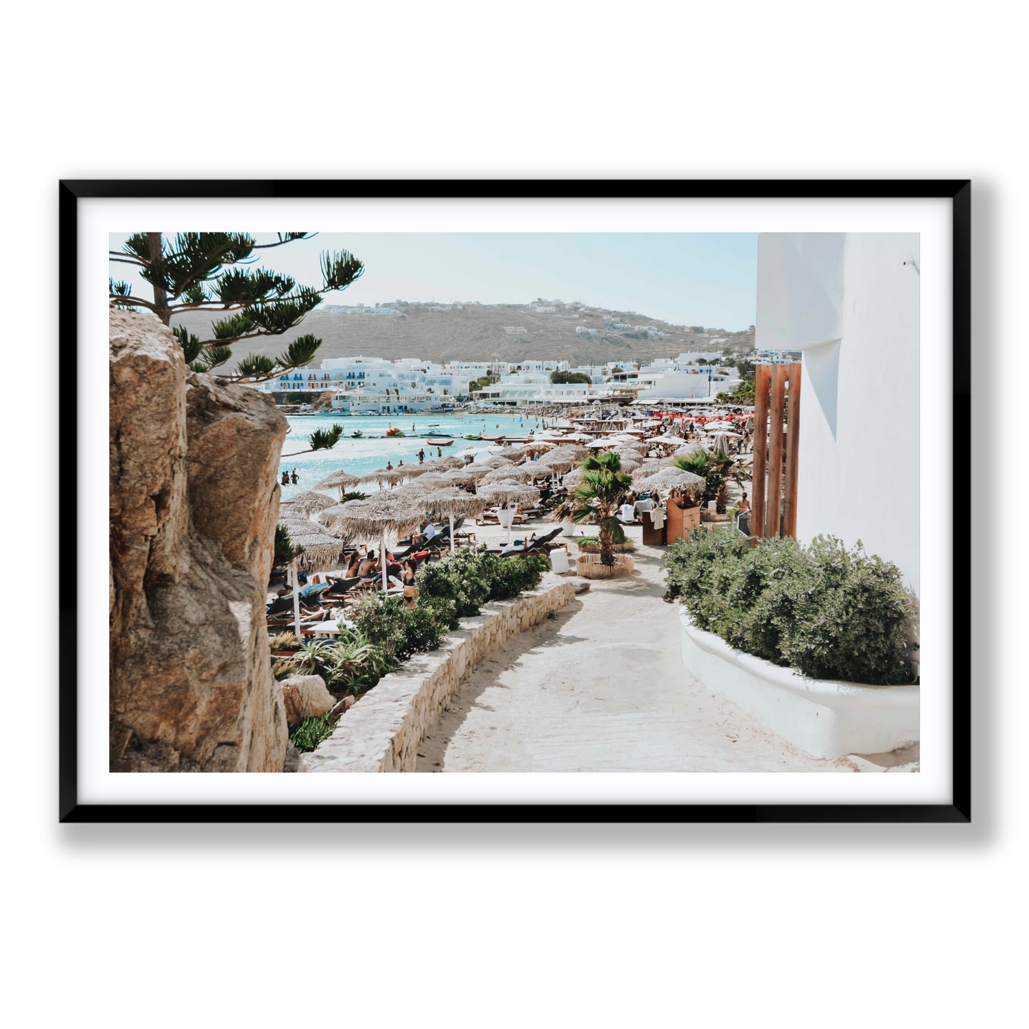 Kalimera Mykonos Greek island wall art Statement fine art print in black frame with matboard