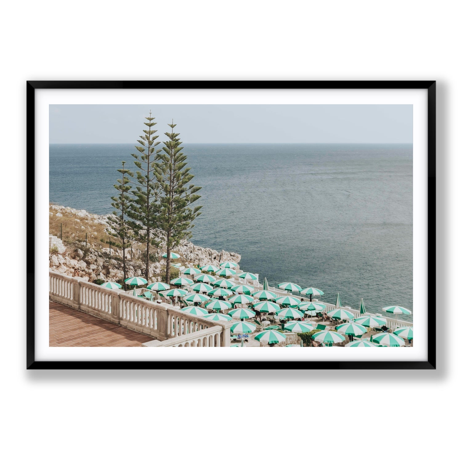 Azure Horizon Puglia beach coastal wall art Statement fine art print in black frame with matboard