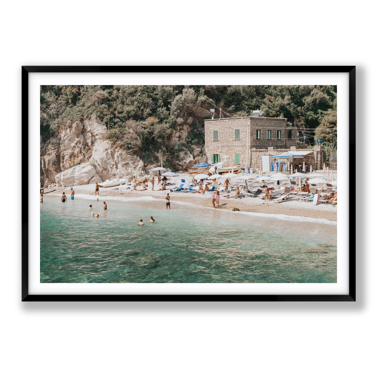 Secluded Sanctuary Nerano Italian Mediterranean decor wall art Statement fine art print in black frame with matboard