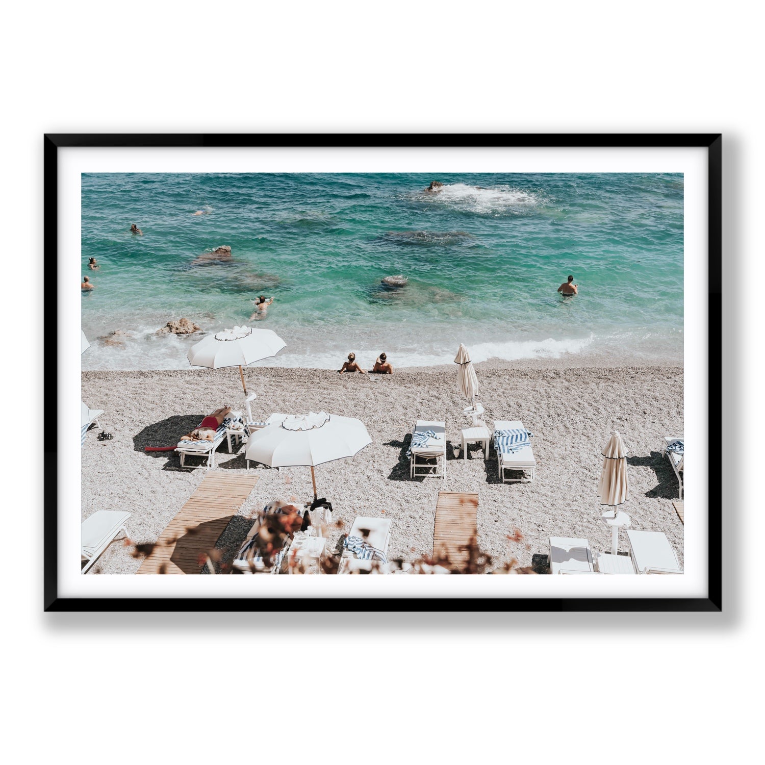 Amicizia Amalfi Italian beach wall art Statement fine art print in black frame with matboard