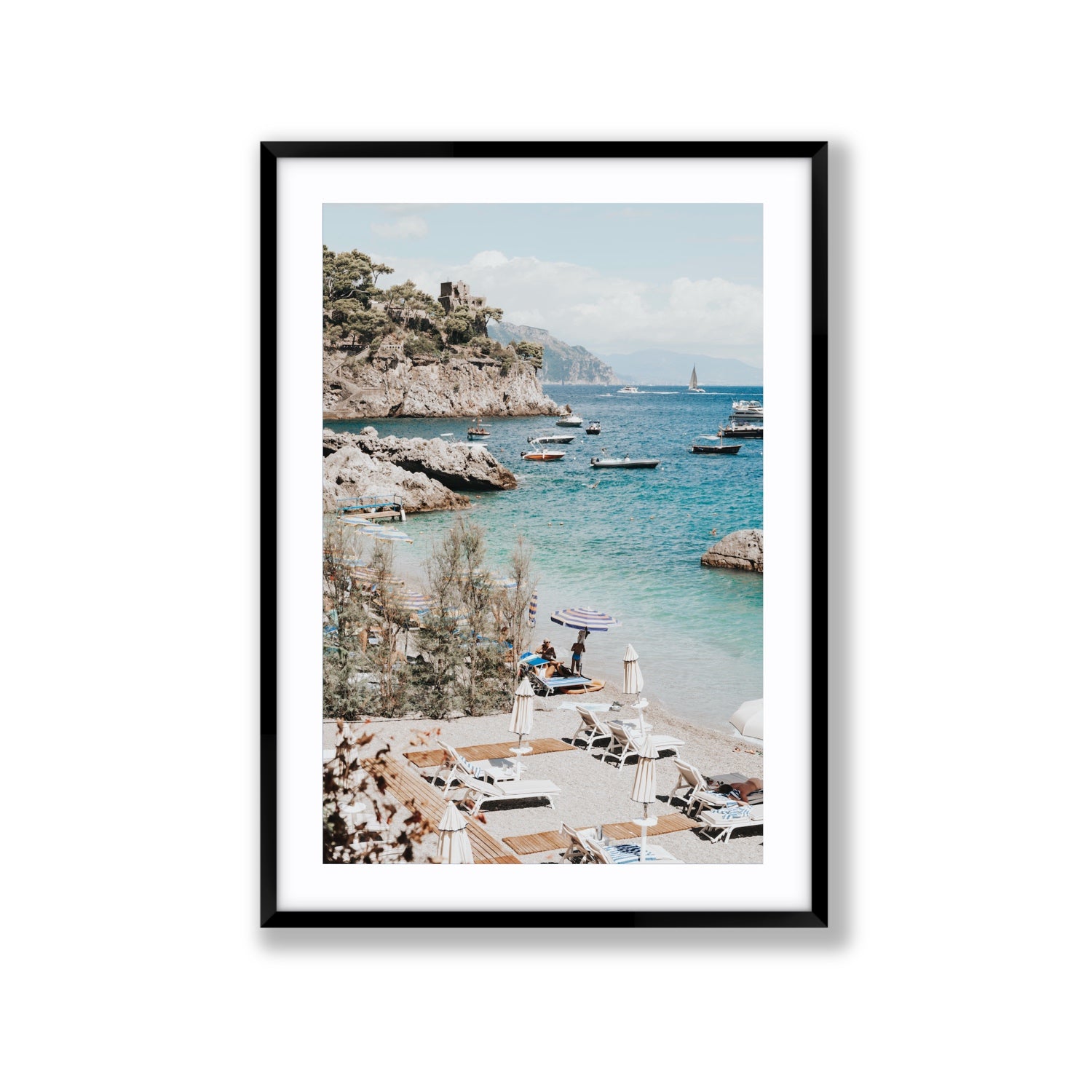 Sizzling Summer Days Amalfi coastal wall art Extra Large fine art print in black frame with matboard