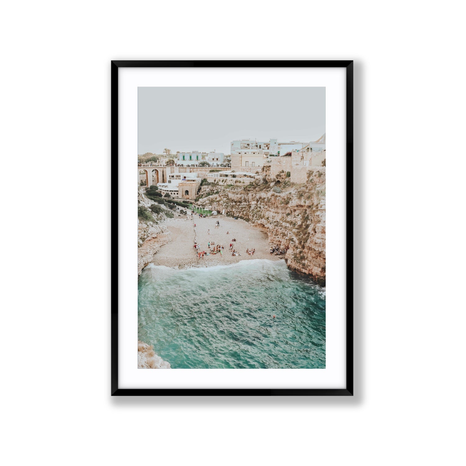 Polignano Vista Puglia coastal Italian beach fine art print Extra Large fine art print in black frame with matboard