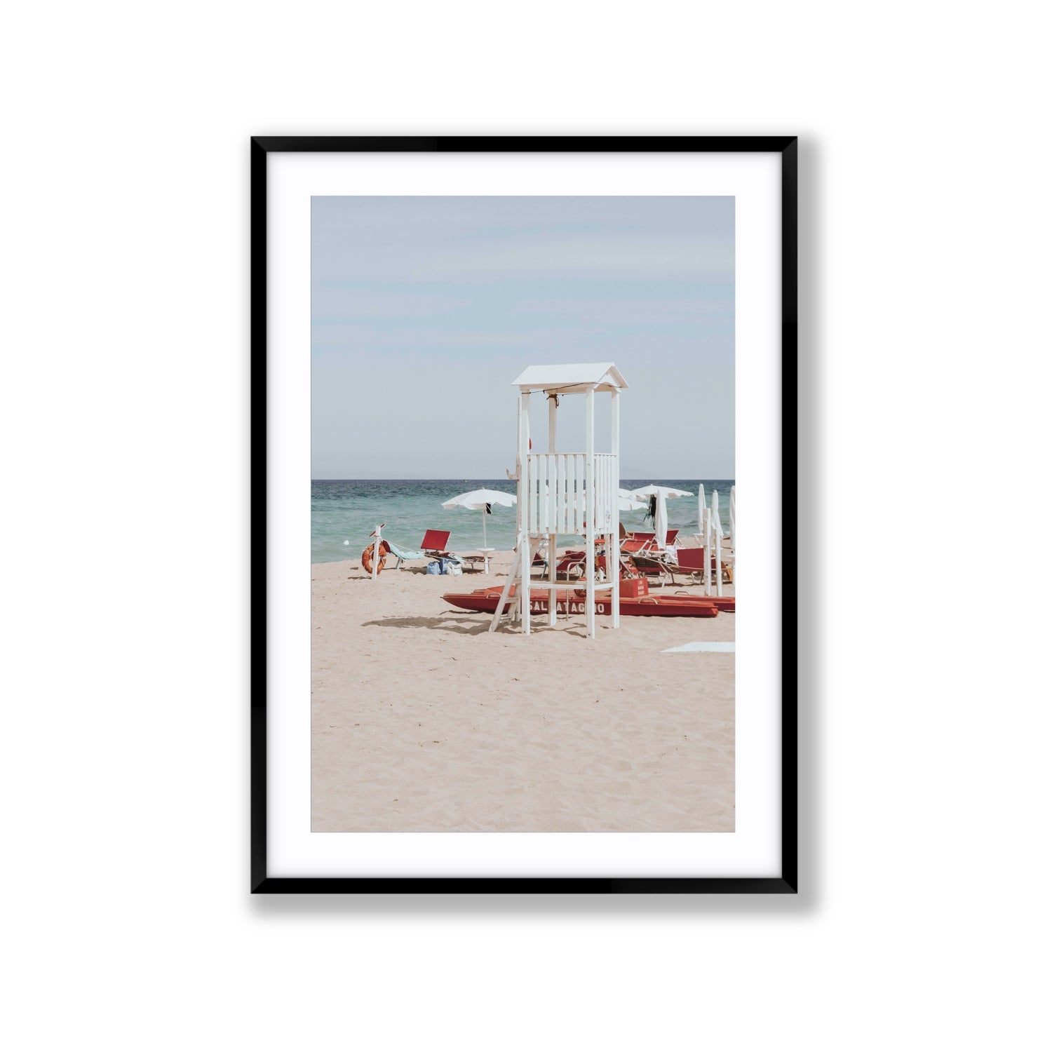 Barefoot Bliss Puglia beach Italian coastal decor wall art Extra Large fine art print in black frame with matboard