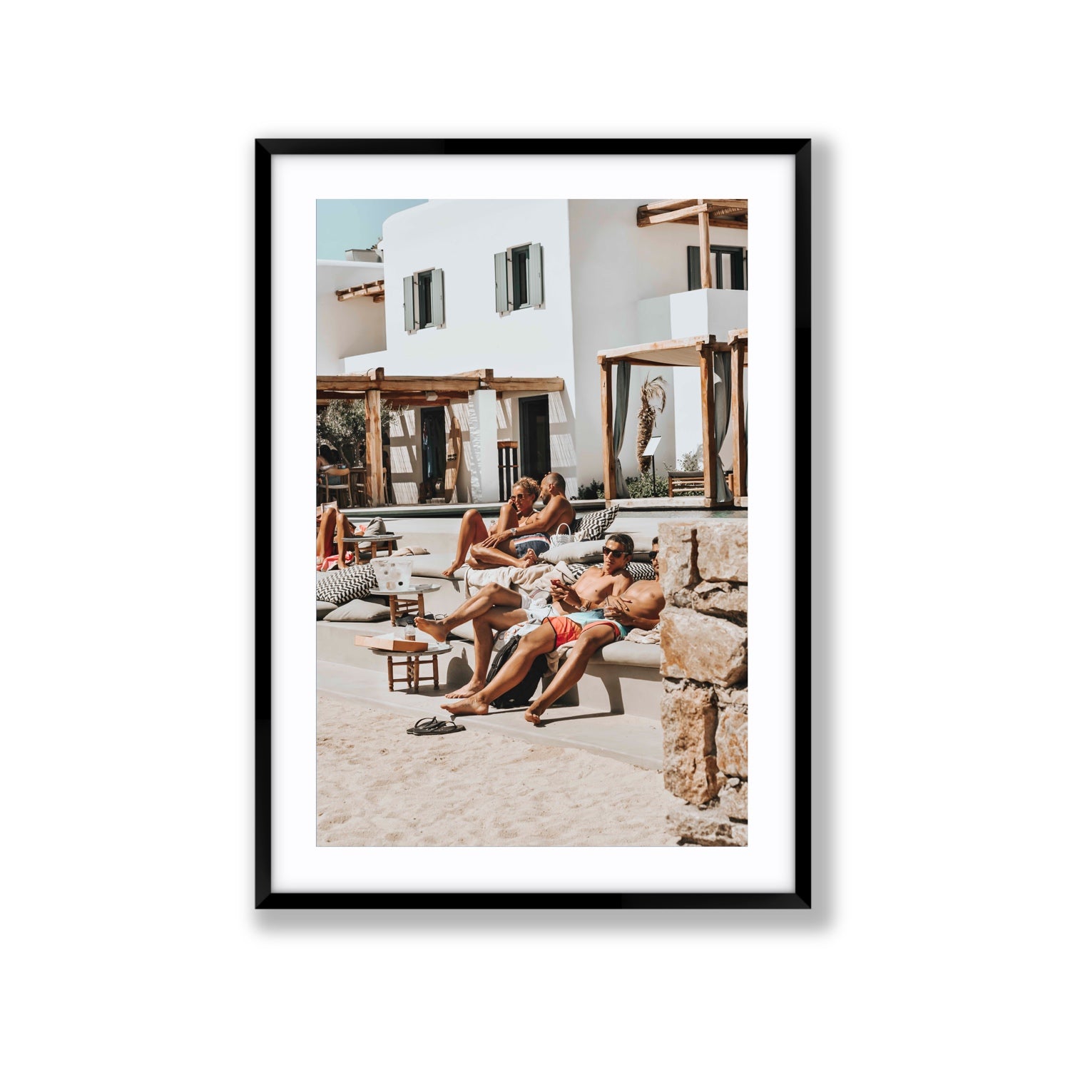 Style That Sizzles Mykonos Greek island wall art Extra Large fine art print in black frame with matboard