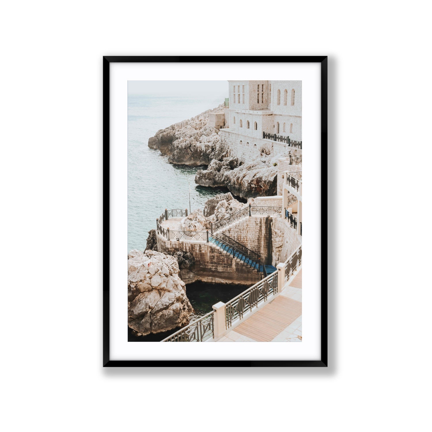 Wellness Centre Puglia coastal wall art Extra Large fine art print in black frame with matboard