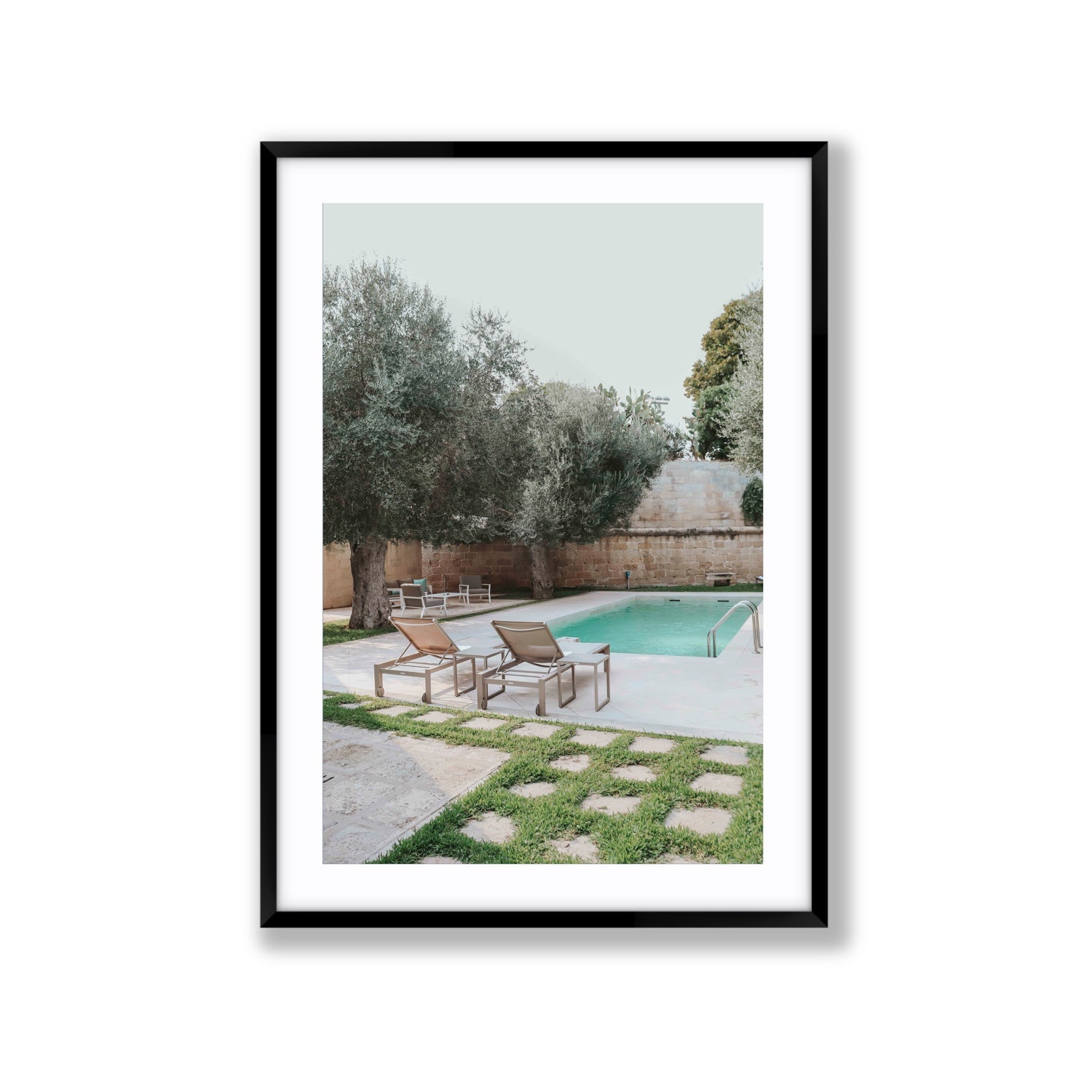 Olive Oasis Puglia Mediterranean wall art Extra Large fine art print in black frame with matboard