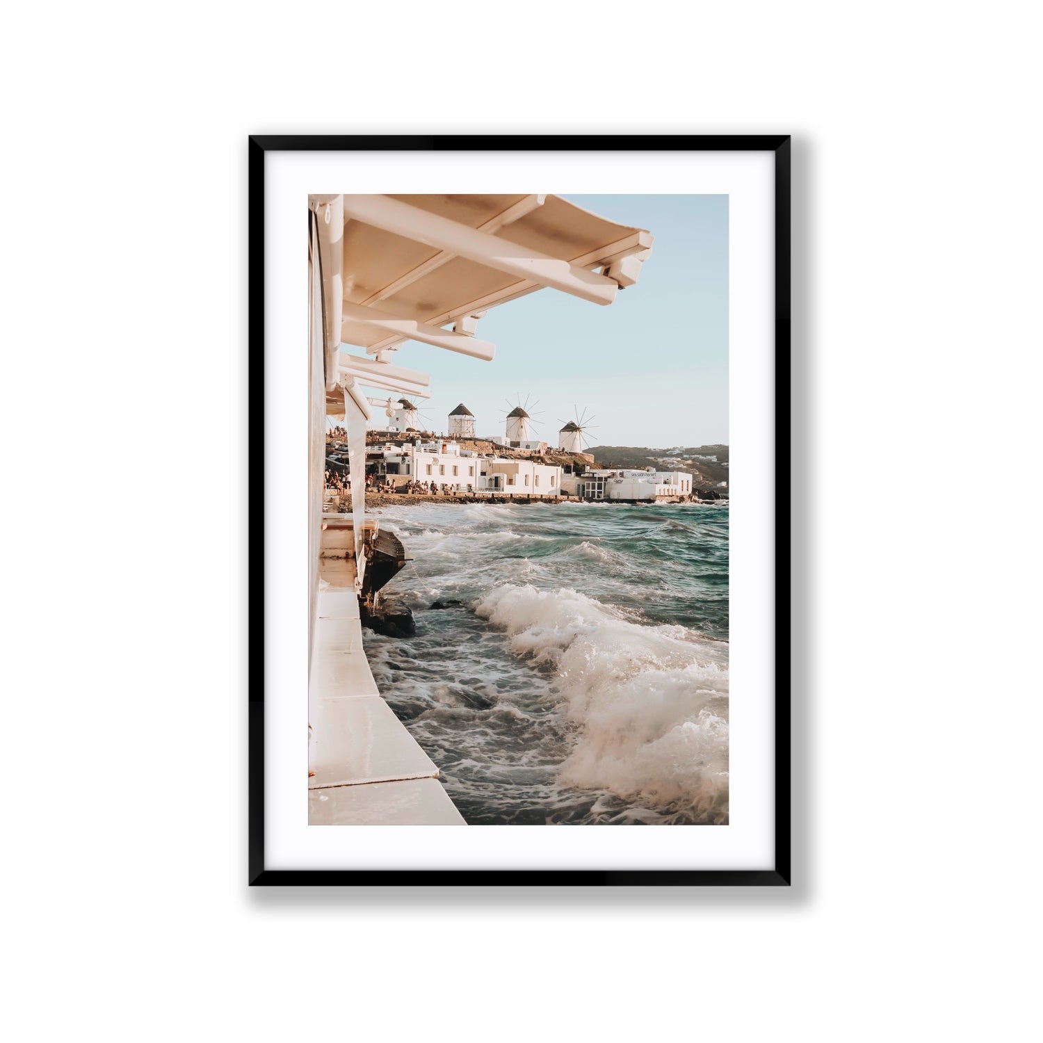 Windmills Mykonos Greek island wall art Extra Large fine art print in black frame with matboard