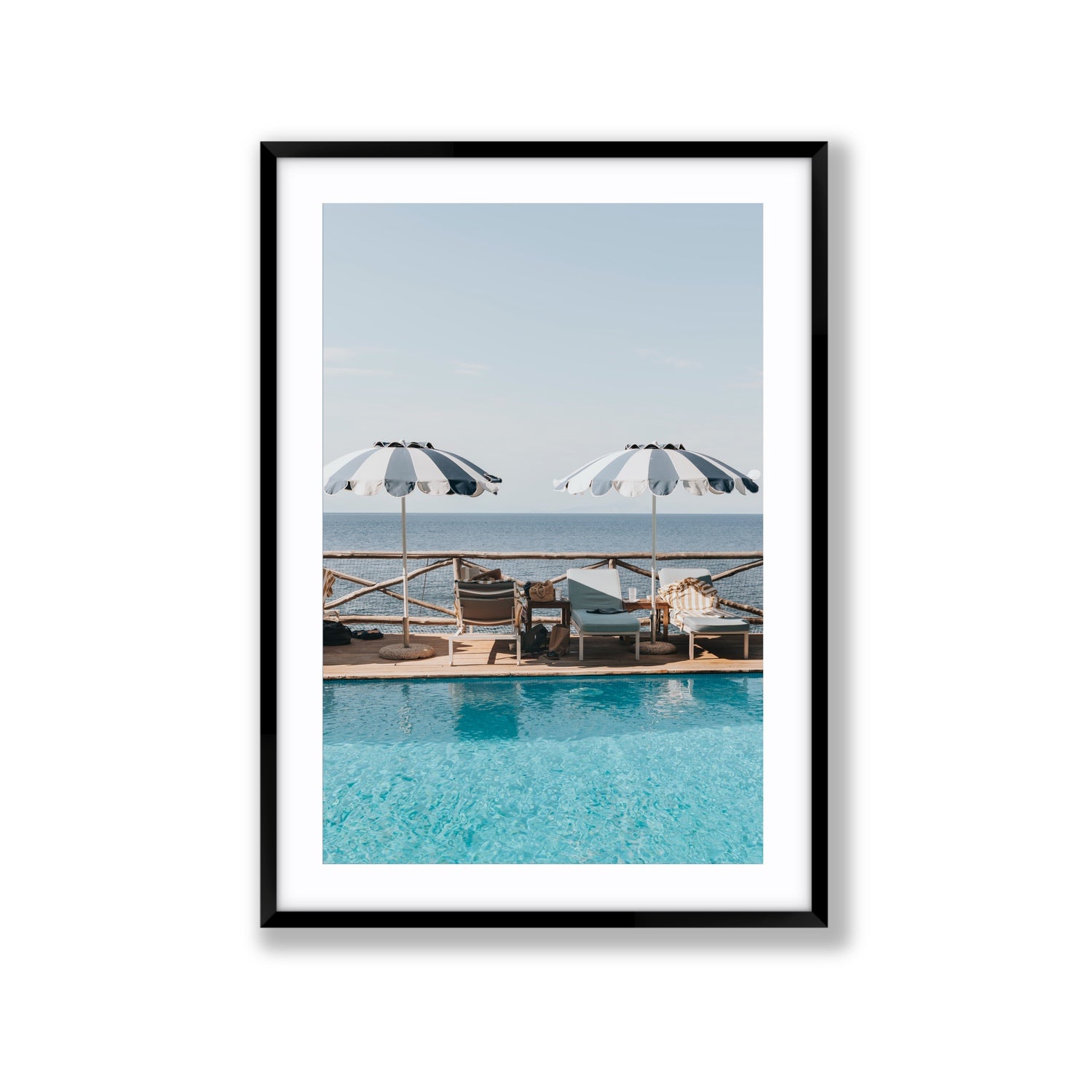 Beach Retreat fine art print, Ischia, Italy, european beach clubs artwork, Extra Large, Black Frame · Matboard, Fine Art Print