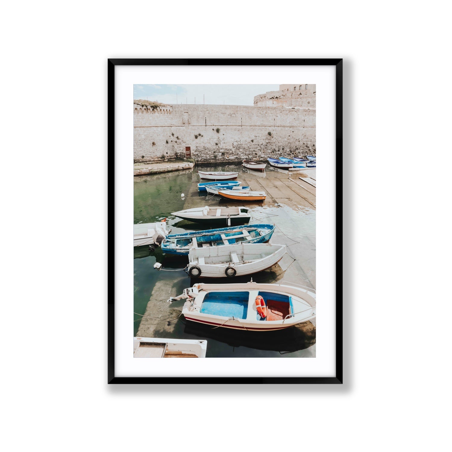 Harbour Palette Puglia coastal photography wall art Extra Large fine art print in black frame with matboard