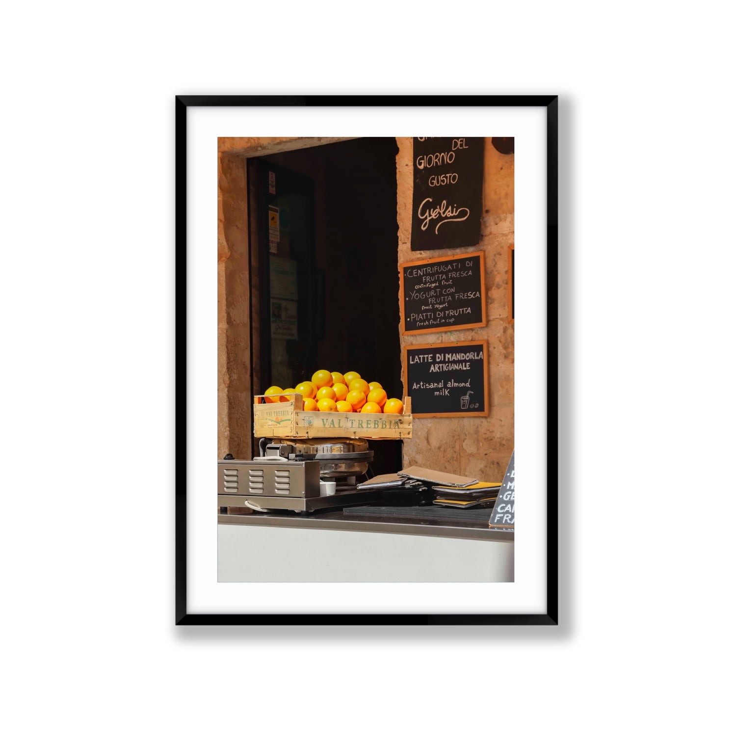 Luminous Citrus Puglia Ostuni Italian wall art Extra Large fine art print in black frame with matboard
