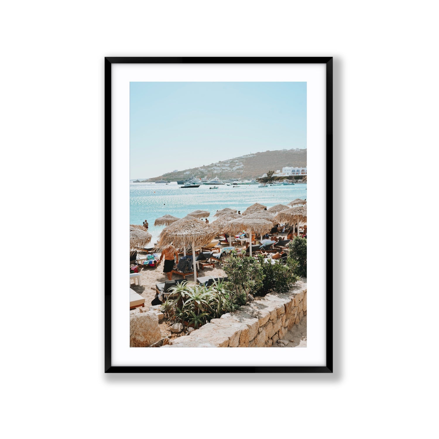 Beachside Huts Mykonos Greek island wall art Extra Large fine art print in black frame with matboard