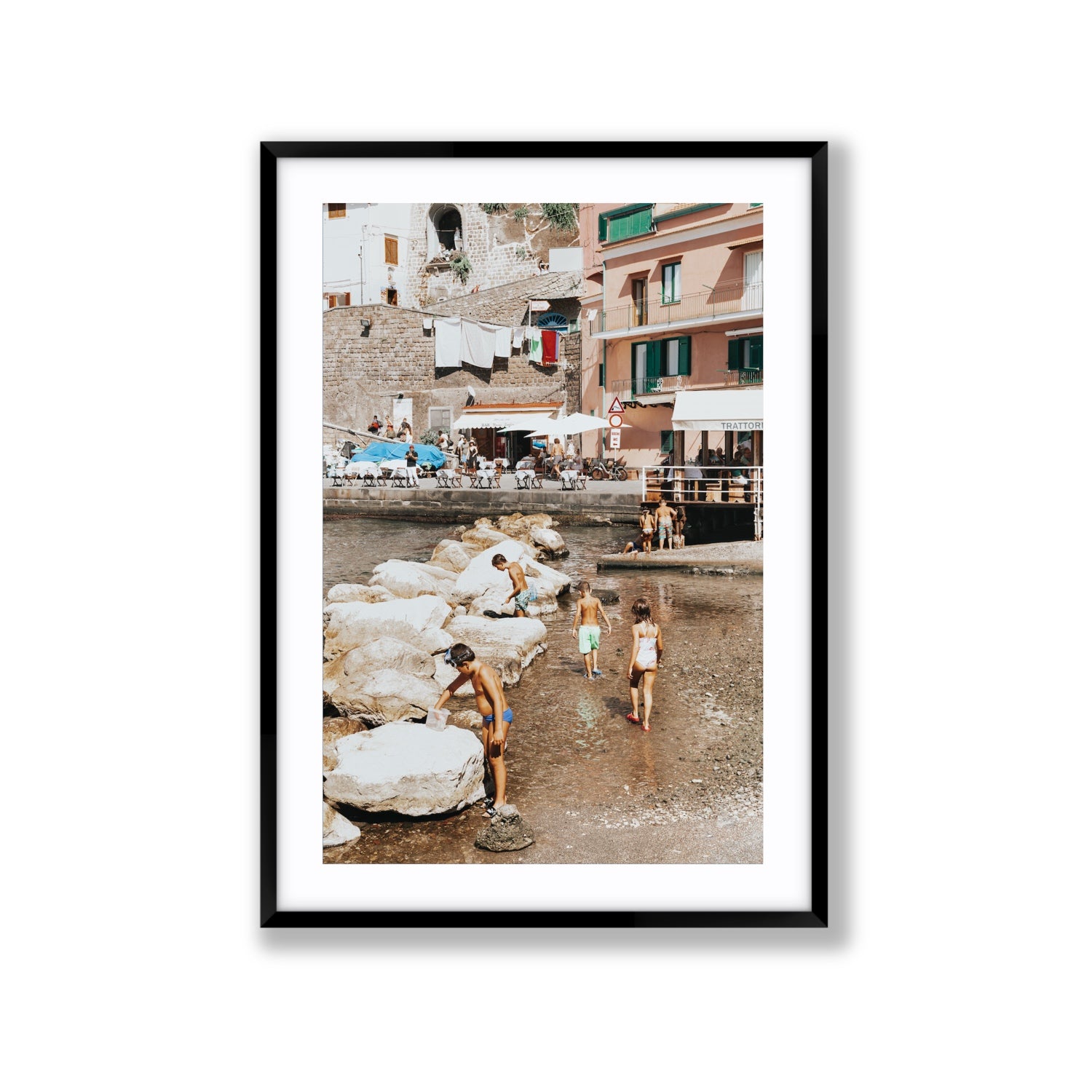 The Beachcombers Sorrento beach coastal wall art Extra Large fine art print in black frame with matboard