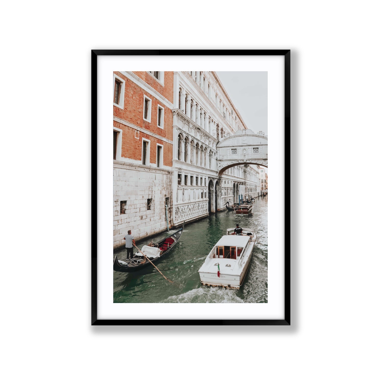Under the Bridge Venice Gondola Italian wall art Extra Large fine art print in black frame with matboard