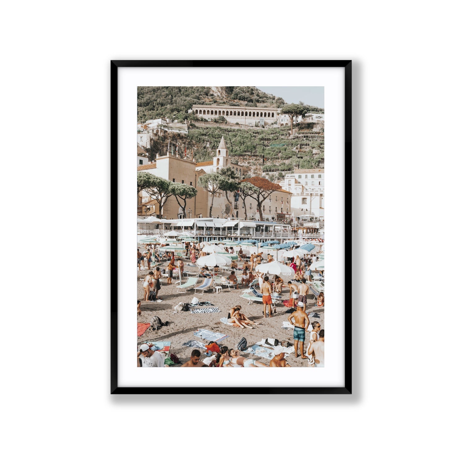 Festa In Spiaggia Amalfi coastal wall art Extra Large fine art print in black frame with matboard