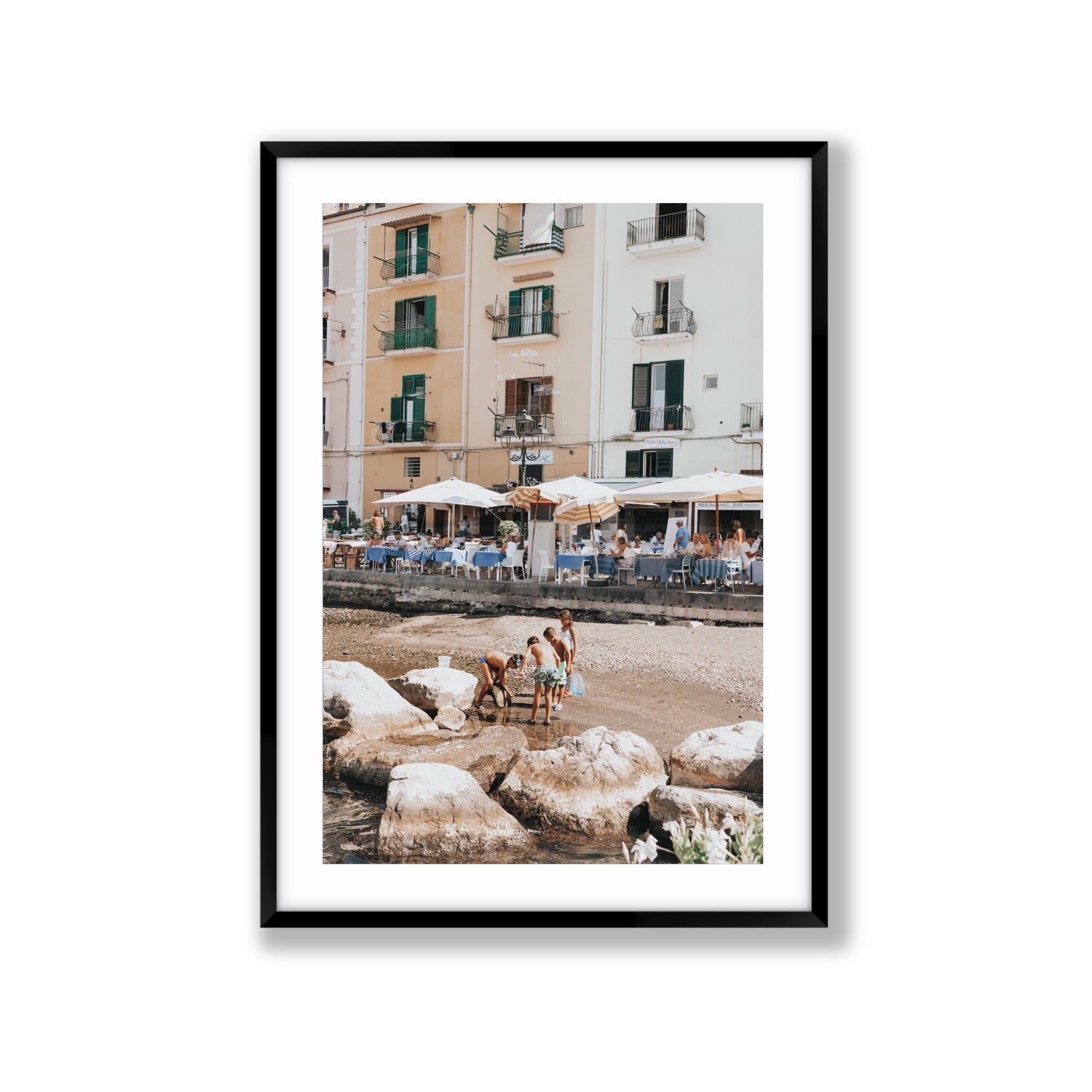 Sunny Playtime Sorrento coastal wall art Extra Large fine art print in black frame with matboard